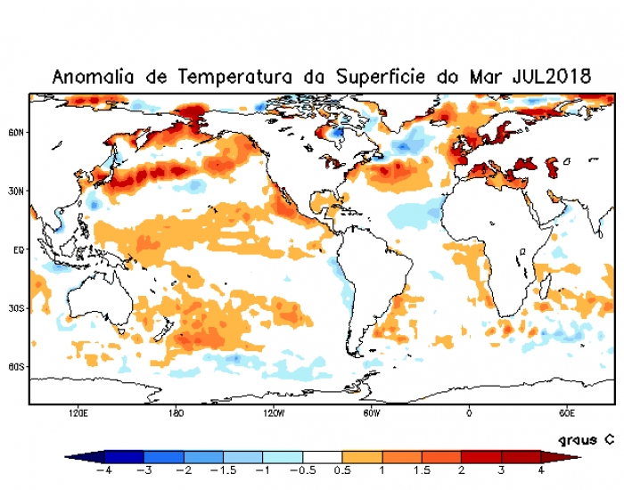 Anomalia da TSM nos oceanos Atlântico e Pacifico, em julho de 2018 (Foto: Divulgação)